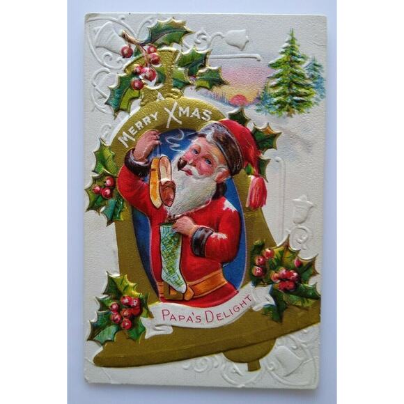 Santa Claus Papa Delight Smoking Pipe Holding Slippers Postcard Embossed Vintage - Picture 2 of 4